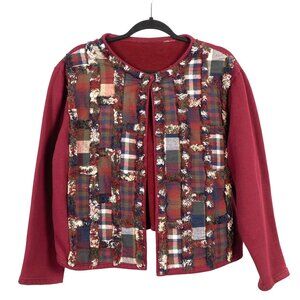 Patchwork Plaid Cardigan Sweatshirt L XL Maroon Blue Green Edges 90s Mom Gramma